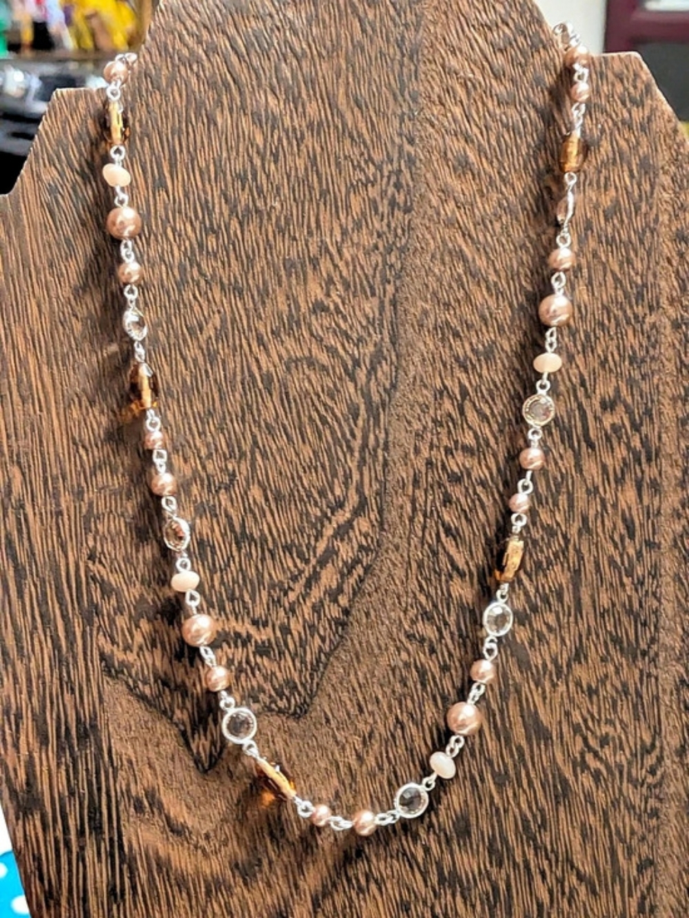Vtg NAPIER Beaded Necklace Peach Faux Pearl Amber Crystal Silver Tone Signed